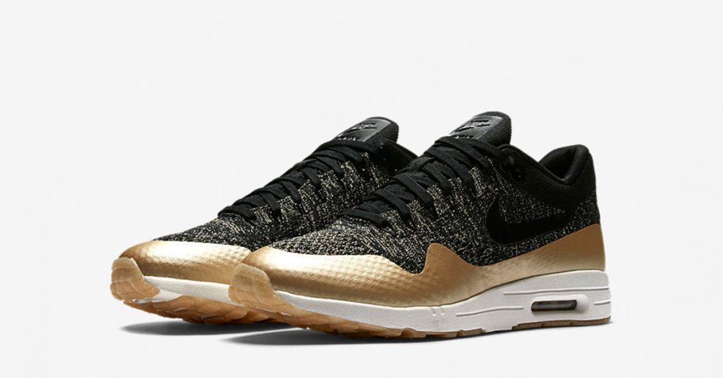 Womens Nike Air Max 1 Ultra 2.0 Flyknit Black Metallic Gold