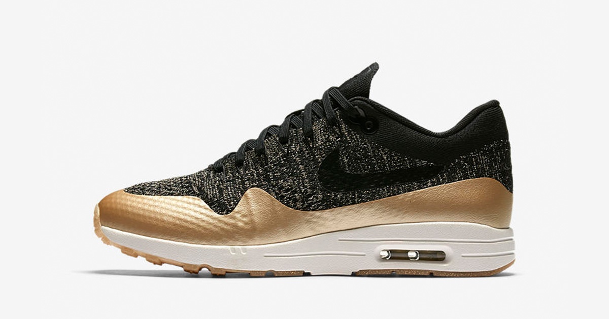 Womens Nike Air Max 1 Ultra 2.0 Flyknit Black Metallic Gold