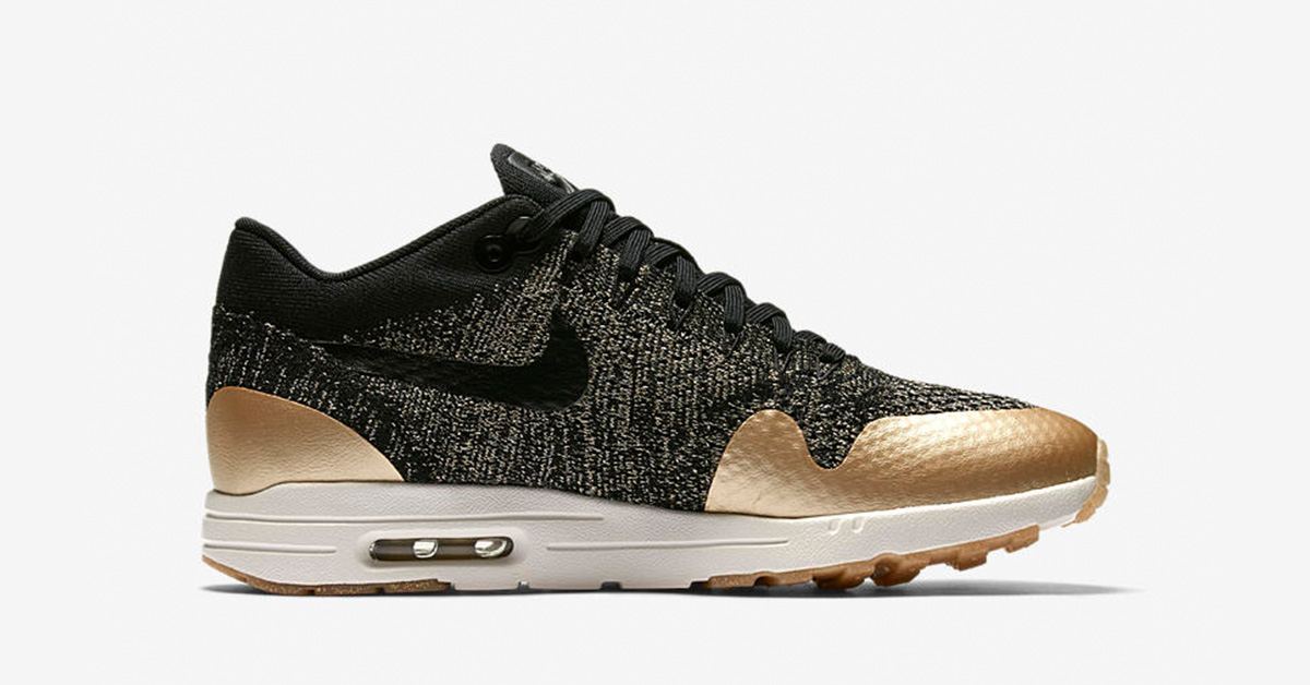 Womens Nike Air Max 1 Ultra 2.0 Flyknit Black Metallic Gold